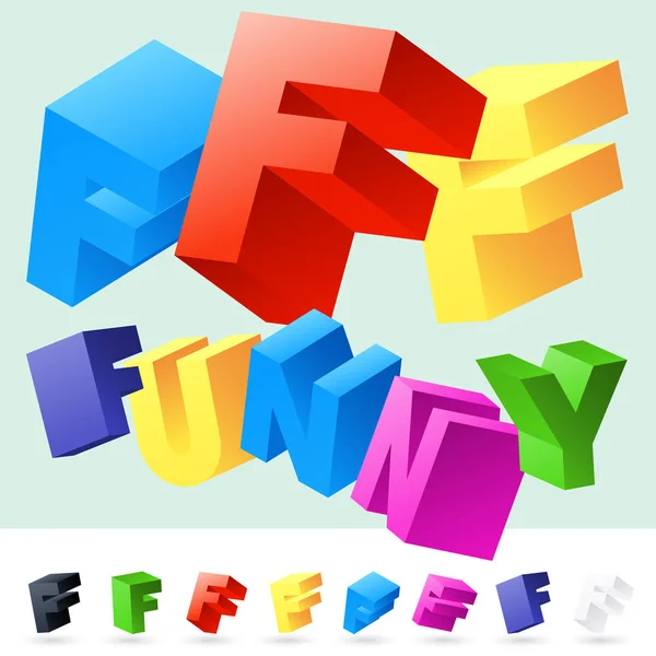 Vector 3D font of randomly rotated colourful letters. Letter F — Stock Vector