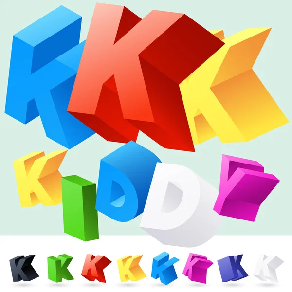 Vector 3D font of randomly rotated colourful letters. Letter K — Stock Vector