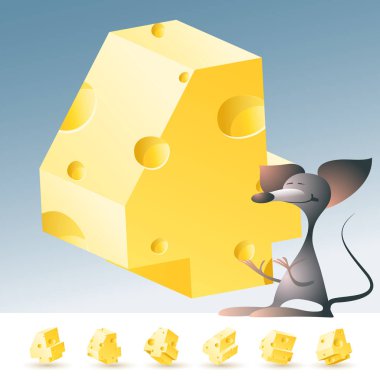 3D vektör sarı peynir alfabesi komik fare ile. Sayı 4