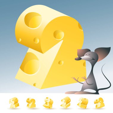 3D vektör sarı peynir alfabesi komik fare ile. Sayı 2