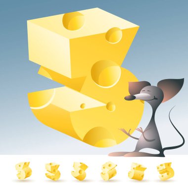 3D vektör sarı peynir alfabesi komik fare ile. Sayı 3