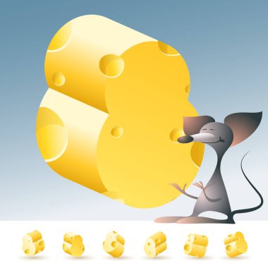 3D vektör sarı peynir alfabesi komik fare ile. Sayı 8