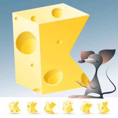 3D vektör sarı peynir alfabesi komik fare ile. K harfi