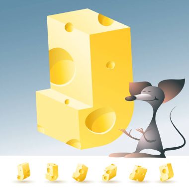 3D vektör sarı peynir alfabesi komik fare ile. J harfi