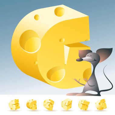 3D vektör sarı peynir alfabesi komik fare ile. G harfi