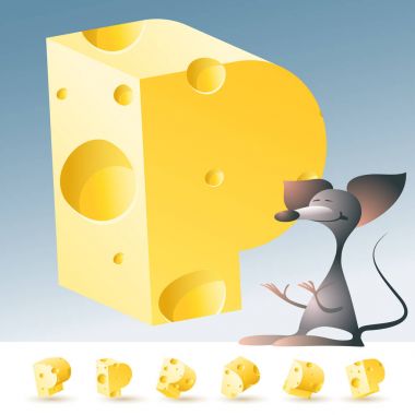 3D vektör sarı peynir alfabesi komik fare ile. P harfi