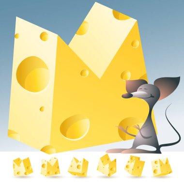 3D vektör sarı peynir alfabesi komik fare ile. Harf M