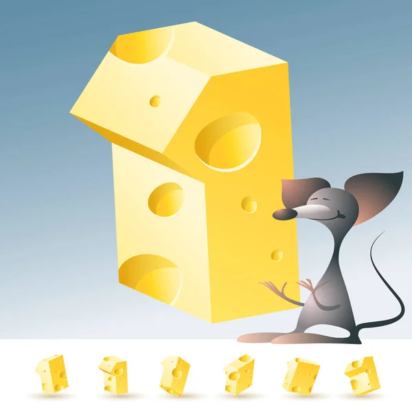 3D vector yellow cheese alphabet with funny mouse. Number 1 — Stock Vector