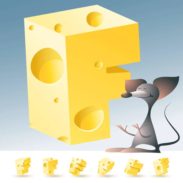 3D vektör sarı peynir alfabesi komik fare ile. F harfi — Stok Vektör
