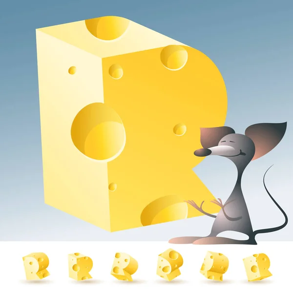 Alfabeto de queijo amarelo vetorial 3D com mouse engraçado. Carta R — Vetor de Stock
