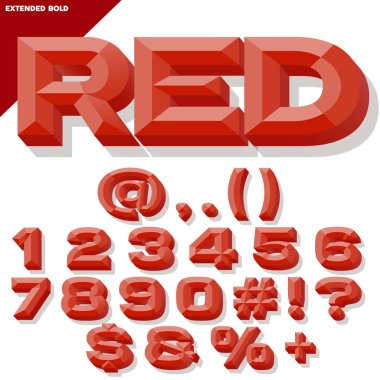 3D kırmızı dizi kalın eğimli sayıları ve sembolleri gölge ile vektör. Basit renkli sürüm.