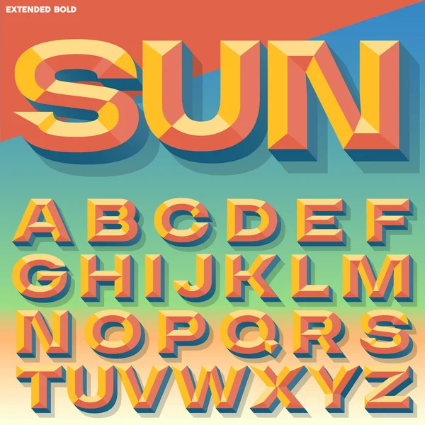 Vector 3D de vară alfabet îndrăzneț teșite cu umbră. Versiune multicoloră . — Vector de stoc