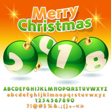 Vektör tebrik kartı yeşil Noel topları ile neşeli Noel 2018. Alfabe harf, simge, sayı kümesi. Grafik stili içerir.