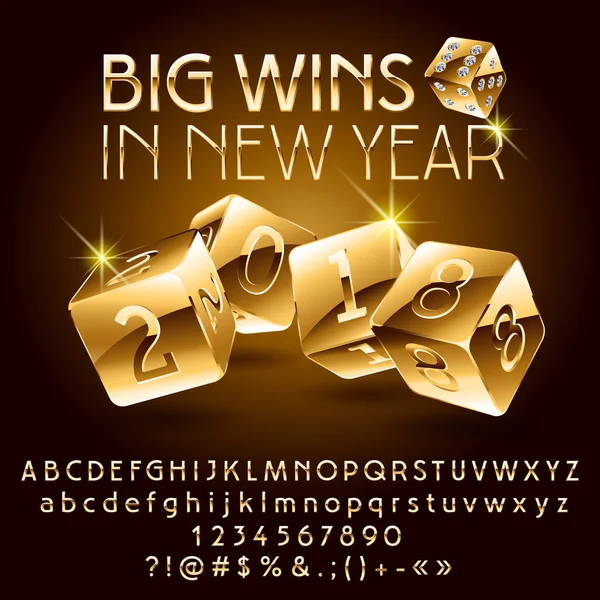 Vektor kaszinó boldog új évet üdvözlő kártya. Goldenr ABC sor betűk, számok és szimbólumok. Grafikus stílusok betűkészlet — Stock Vector