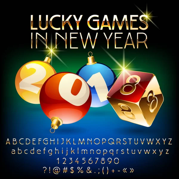 Vector chic cassino cartão de saudação Jogos de sorte no Ano Novo 2018 com conjunto de letras, símbolos e números. Golden Font contém estilo gráfico —  Vetores de Stock