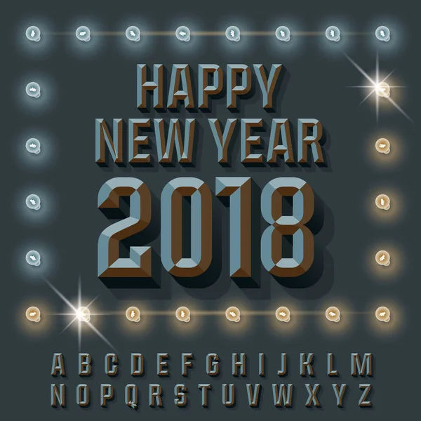 ベクトル文字のセットとビンテージの幸せな新しい年 2018 グリーティング カードを光 — ストックベクタ