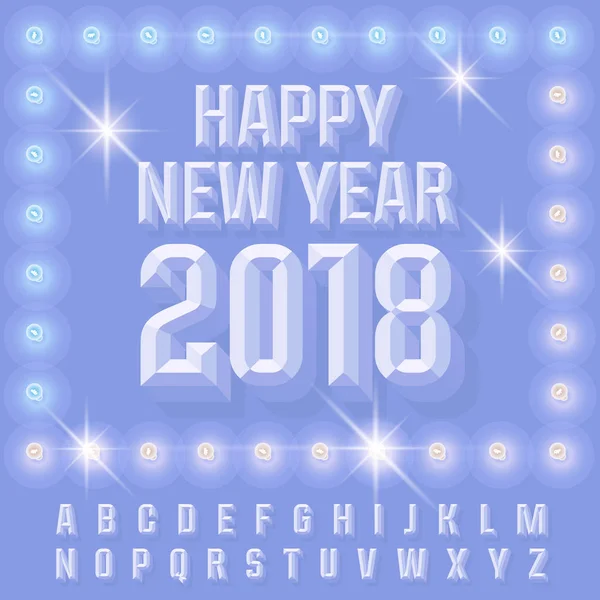 벡터 인사말 카드 알파벳으로 눈 램프와 행복 한 새 해 2018 블루 — 스톡 벡터