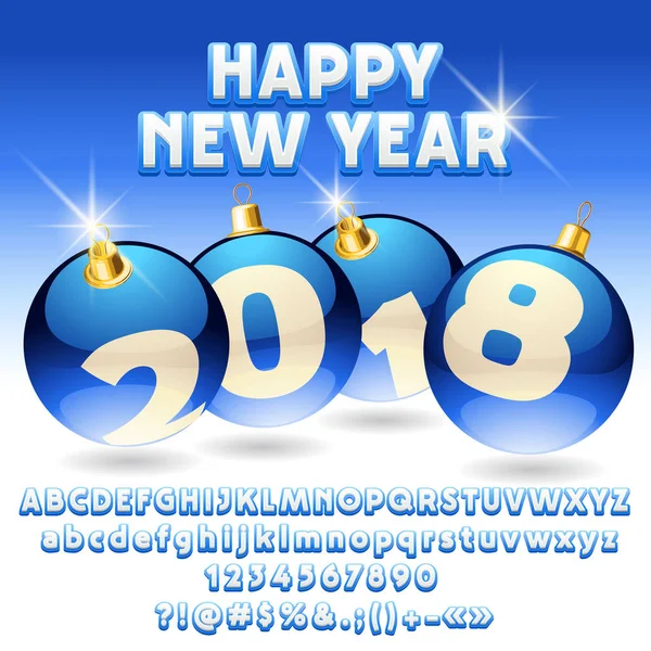 Vektor přání Šťastný nový rok 2018 s vánoční kouli. Sada písmen abecedy, symboly, čísla — Stockový vektor