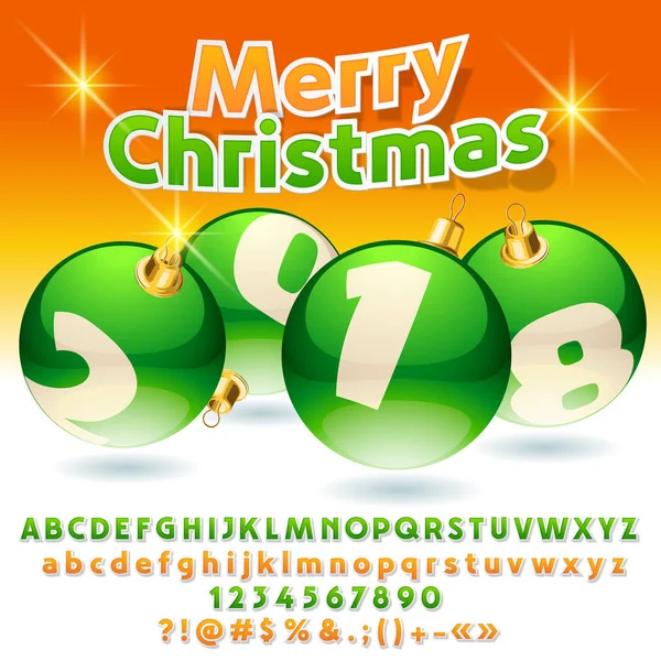 Vektör tebrik kartı yeşil Noel topları ile neşeli Noel 2018. Alfabe harf, simge, sayı kümesi. Grafik stili içerir.