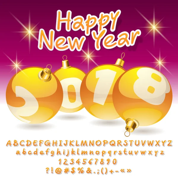 Vector greeting card Happy New Year 2018 with yellow Christmas Balls. Set of Alphabet letters, symbols, numbers. Contains graphic style. — Stock Vector