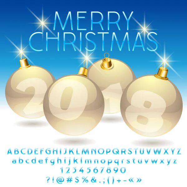 Vektor üdvözlőlap Merry Christmas 2018-val gyöngy karácsonyi labdák. Ábécé betűit, szimbólumok, számok halmaza. Tartalmazza a grafikus stílus. — Stock Vector