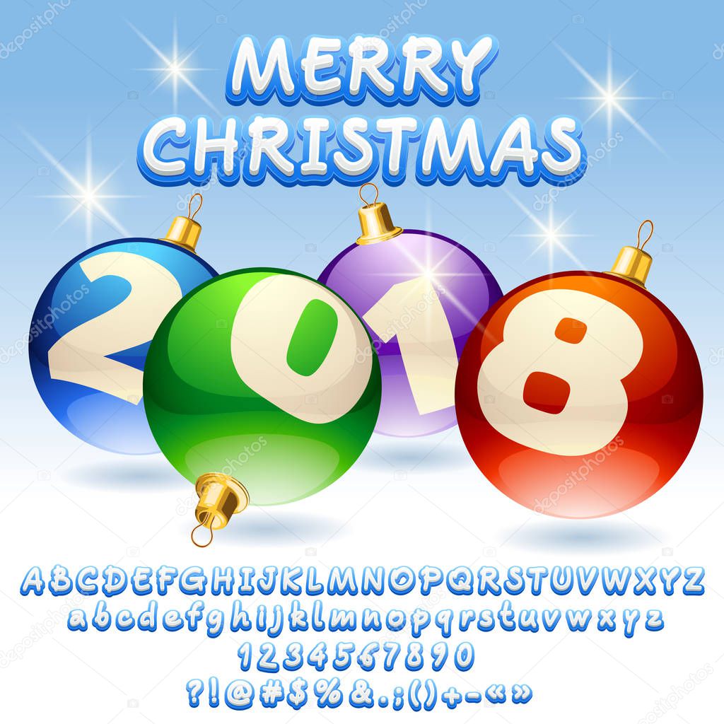 Vector greeting card Merry Christmas 2018 with colorful Christmas Balls. Set of Alphabet letters, symbols, numbers. Contains graphic style.