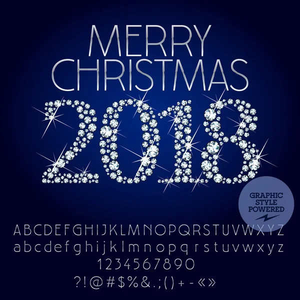 Carte de voeux Joyeux Noël 2018 vectoriel scintillant avec un ensemble de lettres, symboles et chiffres Alphabet. Silver Font contient un style graphique — Image vectorielle