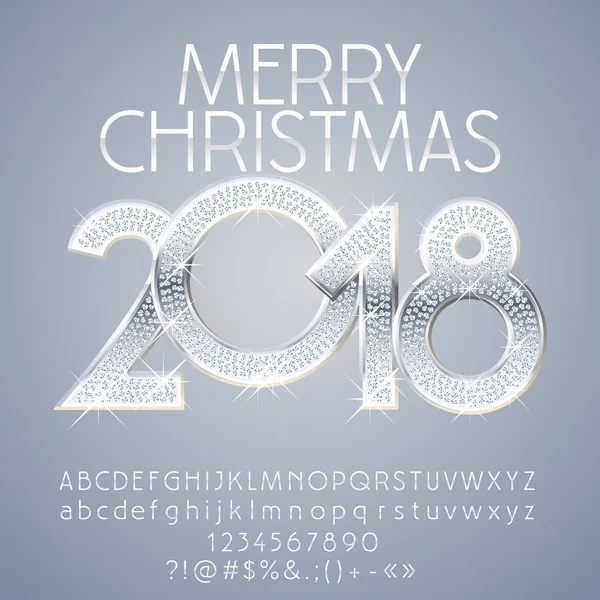 Vektor Silber Chic Frohe Weihnachten 2018 Grußkarte mit Alphabet-Set aus Buchstaben, Symbolen und Zahlen. — Stockvektor