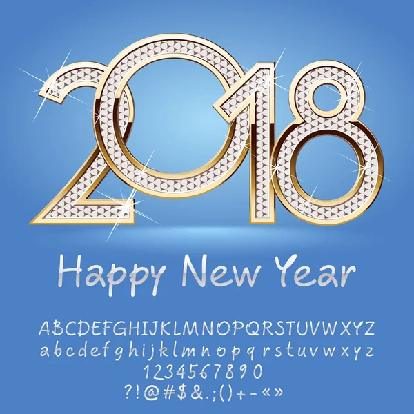 Vector white Happy New Year 2018 Greeting Card with Alphabet set of Letters, Symbols and Numbers. Magical Font contains Graphic Style — Stock Vector