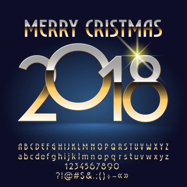 Vektör altın Merry Christmas 2018 tebrik kartı harfler, semboller ve numaraları alfabe seti ile. Yazı tipi grafik stili içerir