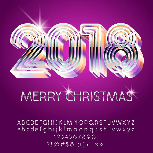 Vecteur argent glamour Joyeux Noël carte de vœux avec Alphabet ensemble de lettres, symboles et chiffres. Chrome Font contient le style graphique — Image vectorielle