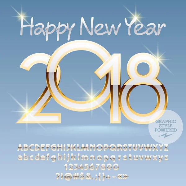 Vektor boldog új év 2018-ban üdvözlés kártya-val ábécé betűket, szimbólumokat és számokat sor. Royal betűtípus tartalmaz grafikus stílus — Stock Vector