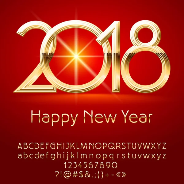 Tarjeta de felicitación Vector exclusiva Feliz Año Nuevo 2018 con alfabeto conjunto de letras, símbolos y números. Fuente de oro contiene estilo gráfico — Archivo Imágenes Vectoriales