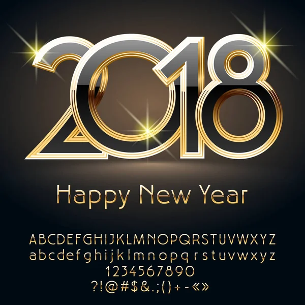 Поздравительная открытка от Vector Luxury с Новым 2018 годом с алфавитным набором букв, символов и цифр. Золотой шрифт содержит графический стиль — стоковый вектор