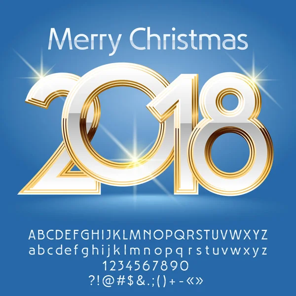 Vektor fehér Merry Christmas 2018 üdvözlőlap-készlettel ábécé betűket, szimbólumokat és számokat. Egyedi betűtípus tartalmaz grafikus stílus — Stock Vector