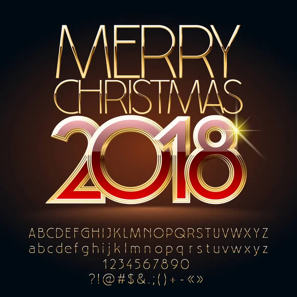 Vektor elegáns Merry Christmas 2018-ban üdvözlés kártya-val ábécé betűket, szimbólumokat és számokat sor. Arany betűtípus tartalmaz grafikus stílus — Stock Vector