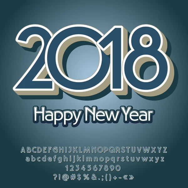 Векторная винтажная поздравительная открытка с Новым 2018 годом с алфавитным набором букв, символов и цифр. Благородный шрифт содержит графический стиль — стоковый вектор