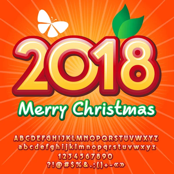 Vektor Merry Christmas 2018-ban üdvözlés kártya gyerekeknek. Candy ábécé betűit, számokat, szimbólumokat. Világos betűtípus tartalmaz grafikus stílus — Stock Vector