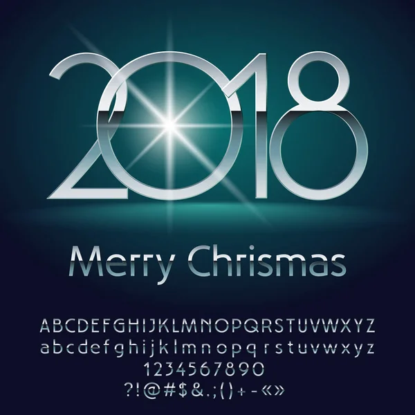 Vektor ezüst Merry Christmas 2018-ban üdvözlés kártya-val betűk, szimbólumok és számok. Fényes betűtípus tartalmaz grafikus stílus — Stock Vector