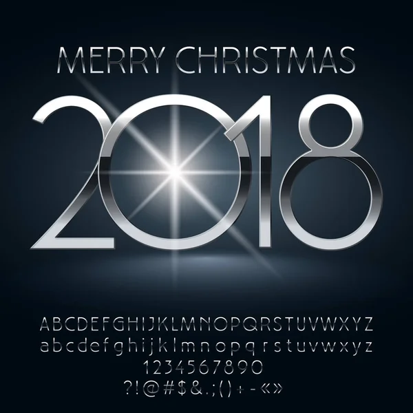 Vektor elegáns Merry Christmas 2018-ban üdvözlés kártya-val betűk, szimbólumok és számok. Ezüst betűtípus tartalmaz grafikus stílus — Stock Vector