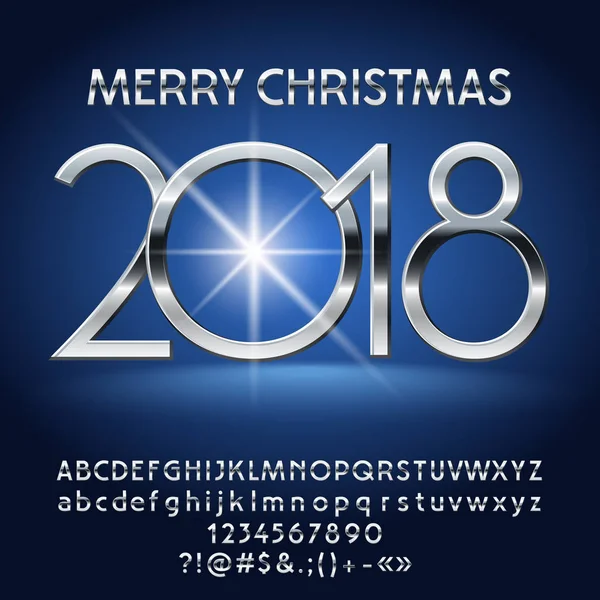 Vector mystérieux Joyeux Noël 2018 Carte de voeux avec alphabet ensemble de lettres, symboles et chiffres. Silver Font contient un style graphique — Image vectorielle