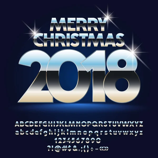 Vektor wunderbare frohe Weihnachten 2018 Grußkarte mit Alphabet-Set aus Buchstaben, Symbolen und Zahlen. silberne Schrift enthält grafischen Stil — Stockvektor