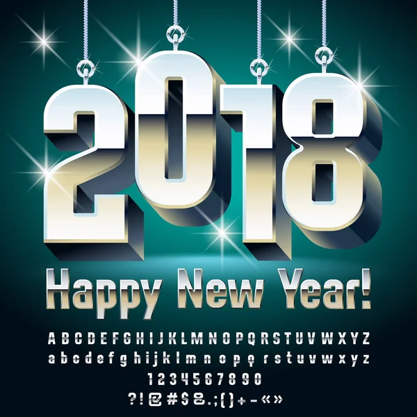 Vektor boldog új évet üdvözlés kártya-val ezüst játékok 2018. Ábécé betűket, számokat, szimbólumokat. Betűtípus tartalmaz grafikus stílus — Stock Vector