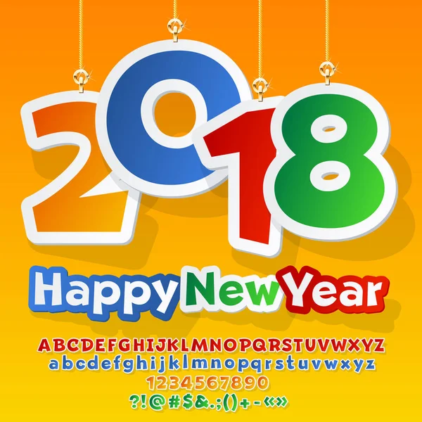 Vetor colorido Feliz Ano Novo cartão de saudação com brinquedos para crianças 2018. Bright Font contém estilo gráfico. Letras do alfabeto, símbolos e números — Vetor de Stock