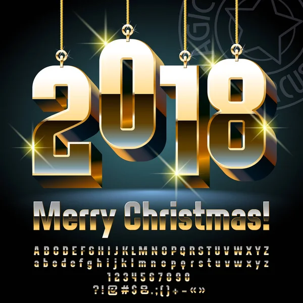 Vector Merry Christmas wenskaart met gouden glans speelgoed 2018. Chique alfabet Letters, cijfers, symbolen. Luxe lettertype bevat grafische stijl — Stockvector