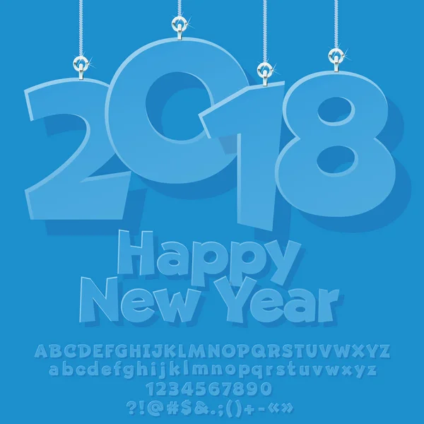 Открытки с векторными комиксами на Новый год с бумажными игрушками 2018 года. Синий шрифт с графическим стилем. Набор букв алфавита, цифр, символов — стоковый вектор