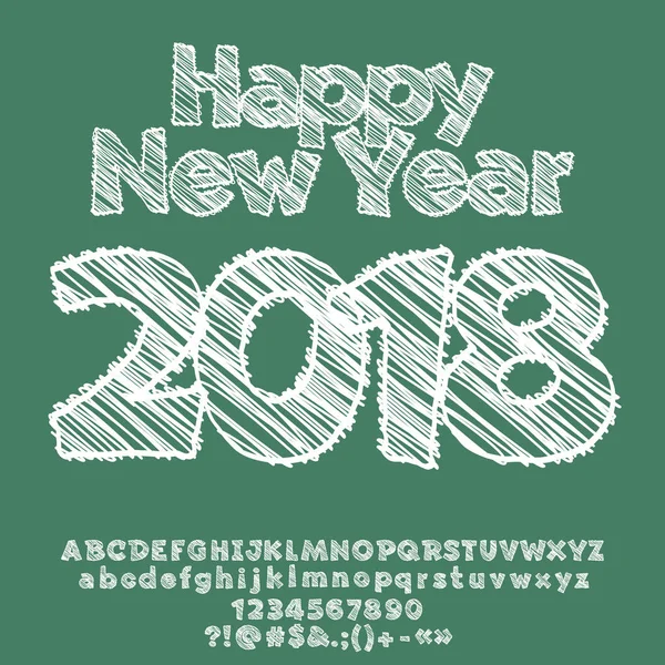 벡터 드로잉 2018 scetch 행복 한 새 해 인사 카드. 알파벳 문자, 숫자 및 구두점 기호 Handdrawn 설정 합니다. 그래픽 스타일 글꼴 — 스톡 벡터