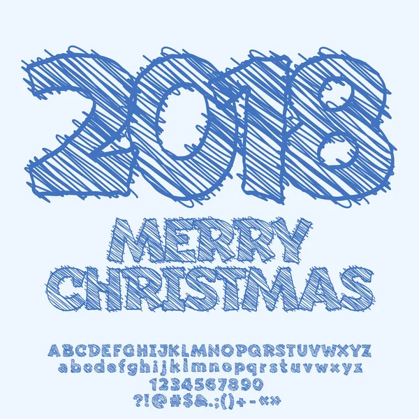 Boldog karácsonyt vektor üdvözlés kártya-val scetch rajz 2018. Ábécé betűit, számokat és írásjeleket Handdrawn halmaza. Grafikus stílusok betűkészlet — Stock Vector