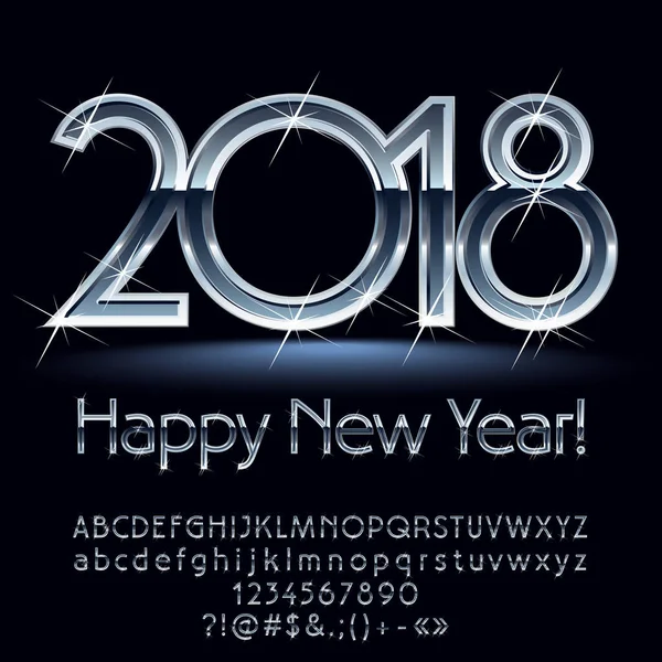 Tarjeta de felicitación Vector chic Feliz Año Nuevo 2018. Alfabeto plateado con estrellas brillantes conjunto de letras, símbolos y números — Archivo Imágenes Vectoriales