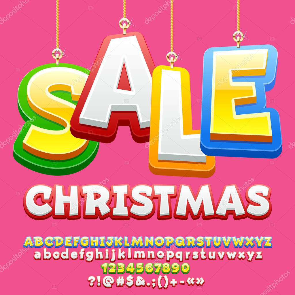 Vector Bright poster with toys for Christmas Sale. Colorful banner with Alphabet Letters, Numbers, Symbols.